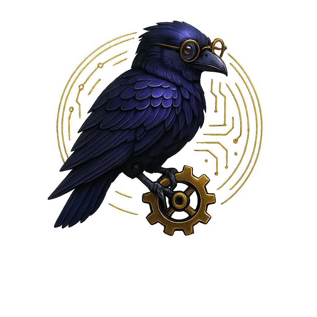 Manifest Lab X — raven and cog mascot