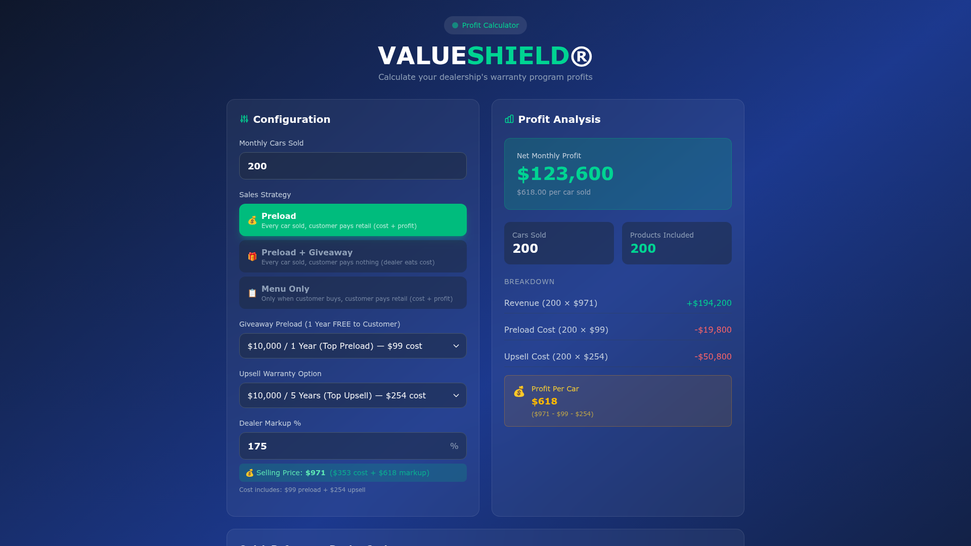 ValueShield warranty calculator interface